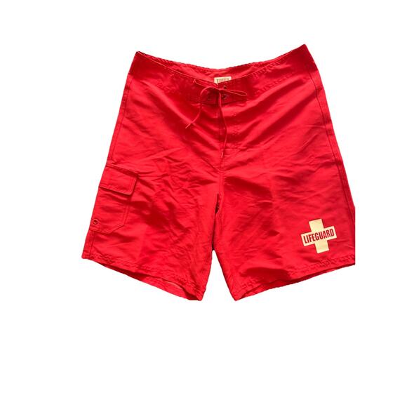Men’s Sz 32 Board Swim Shorts‎ "Lifeguard", 8 Inch Inseam Length Red - Picture 1 of 7